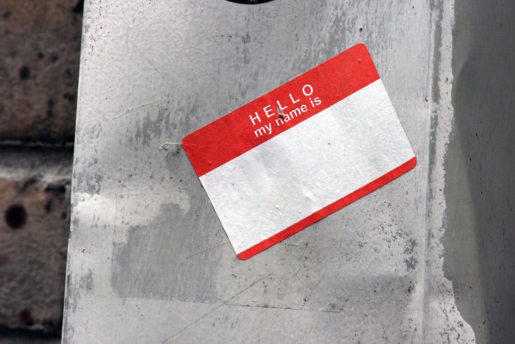 "Hello my name is" name sticker, representing changing names as a Muslim revert.